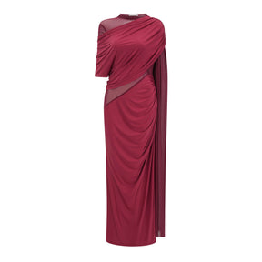 Mioara Red Asymmetrical Draped Cape Design Dress