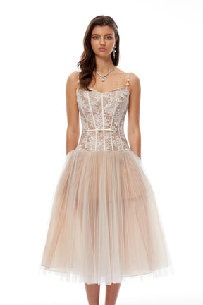Mira Neutrals Lace Panel Tulle Midi Dress
