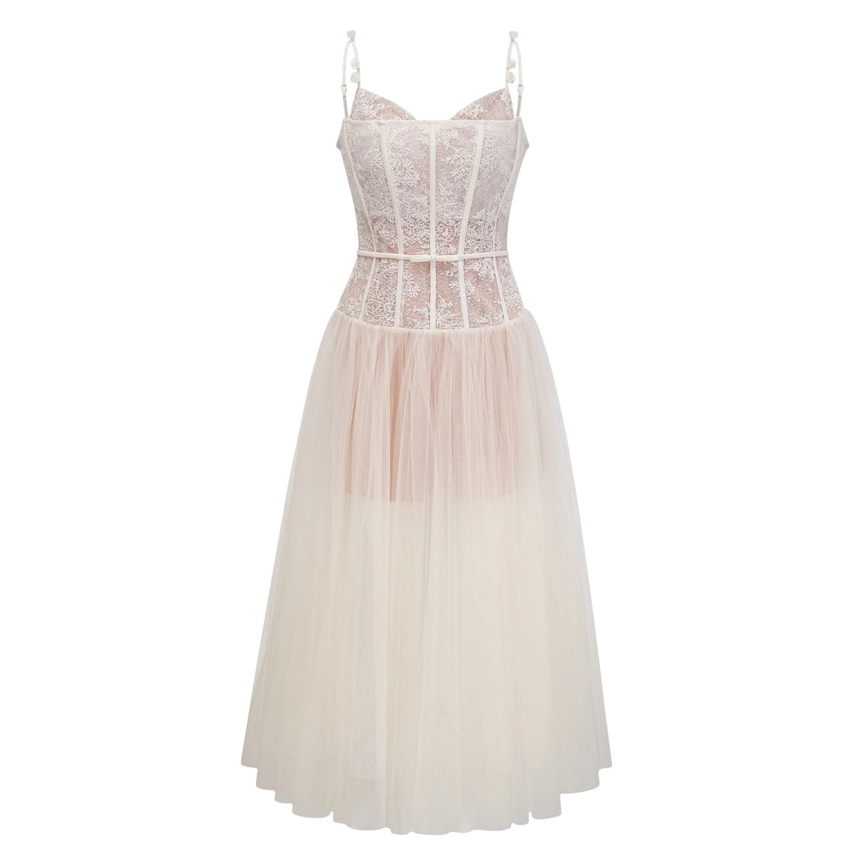 Mira Neutrals Lace Panel Tulle Midi Dress
