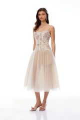 Mira Neutrals Lace Panel Tulle Midi Dress