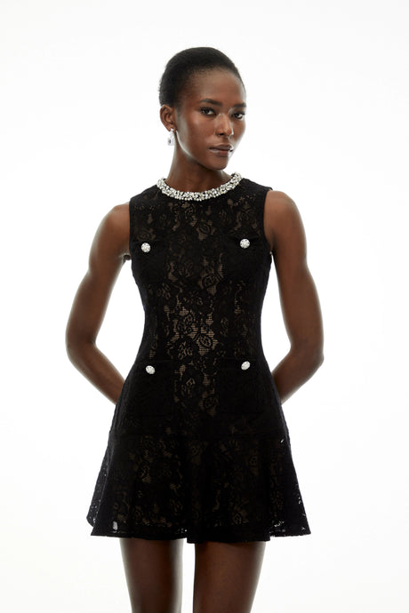 Mirabella Black Round Neck Floral Lace Mini Dress