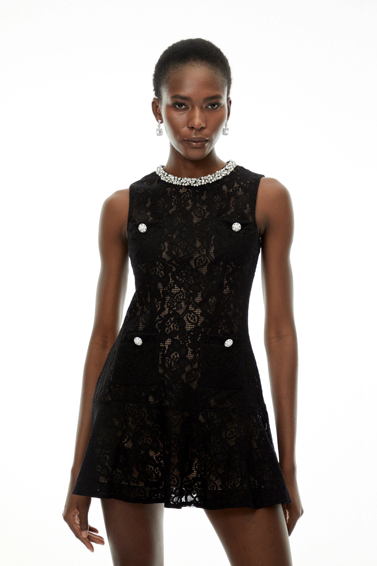 Mirabella Black Round Neck Floral Lace Mini Dress