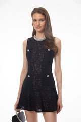 Mirabella Black Round Neck Floral Lace Mini Dress