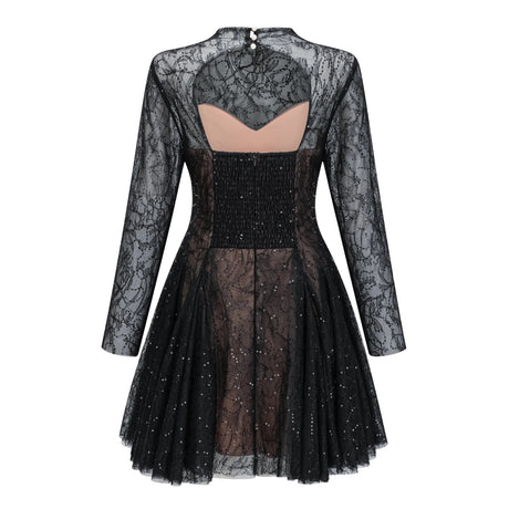 Mirabella Black Sequined Flroal Lace Mini Dress