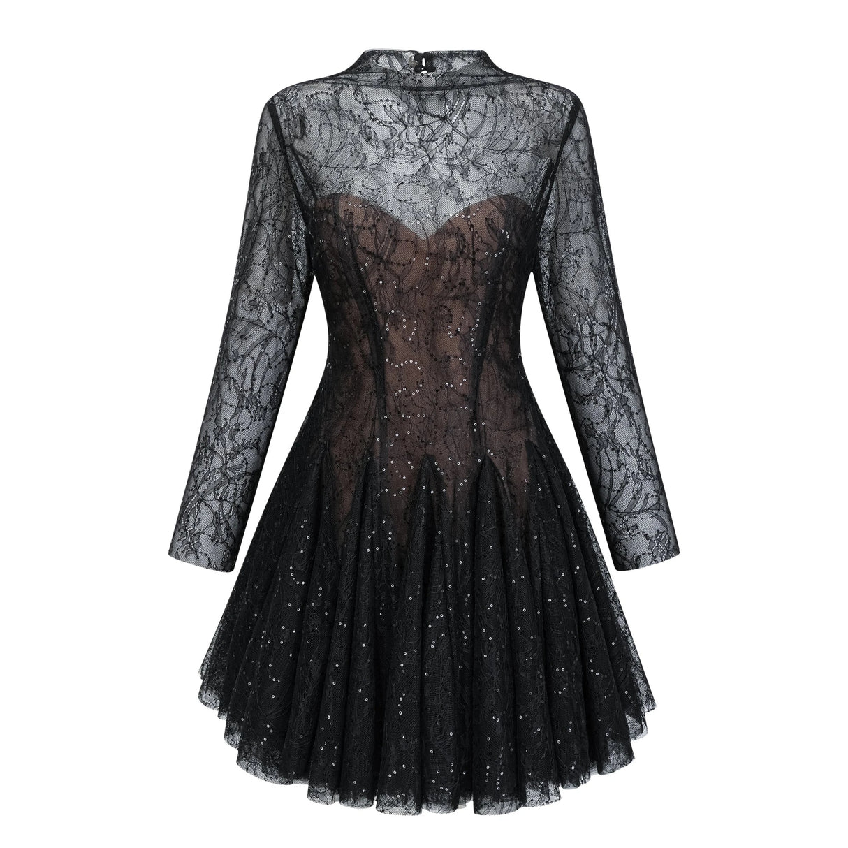 Mirabella Black Sequined Flroal Lace Mini Dress