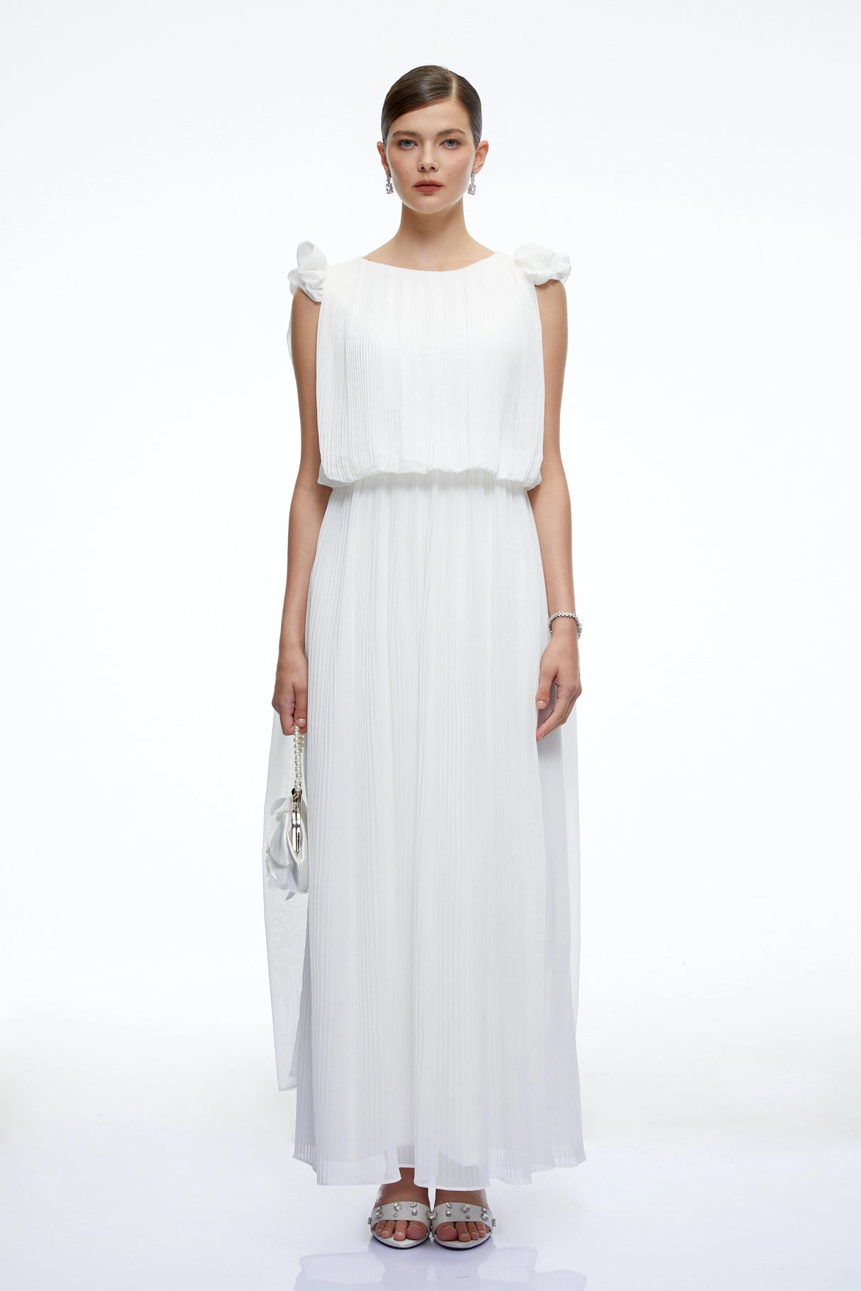 Mirabelle White Pleated Maxi Dress with Bow Straps