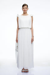 Mirabelle White Pleated Maxi Dress with Bow Straps