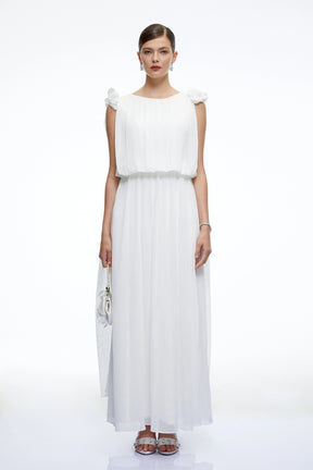 Mirabelle White Pleated Maxi Dress with Bow Straps