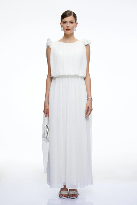 Mirabelle White Pleated Maxi Dress with Bow Straps