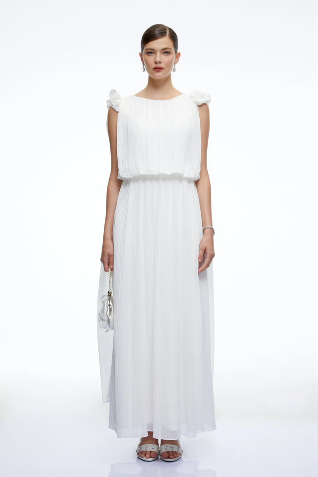 Mirabelle White Pleated Maxi Dress with Bow Straps