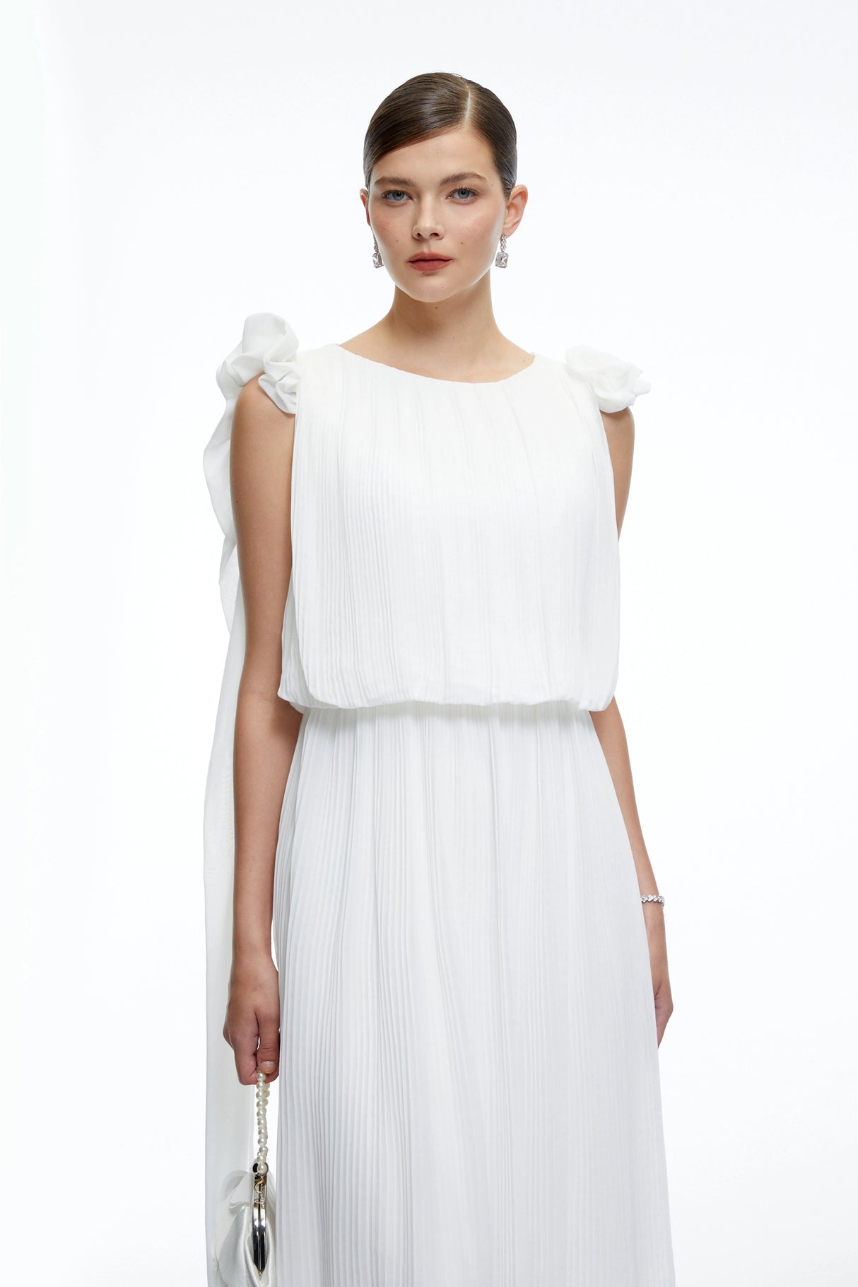 Mirabelle White Pleated Maxi Dress with Bow Straps