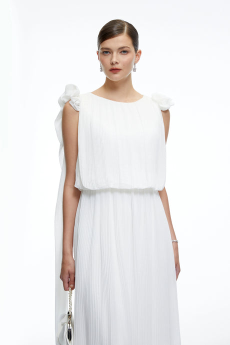 Mirabelle White Pleated Maxi Dress with Bow Straps