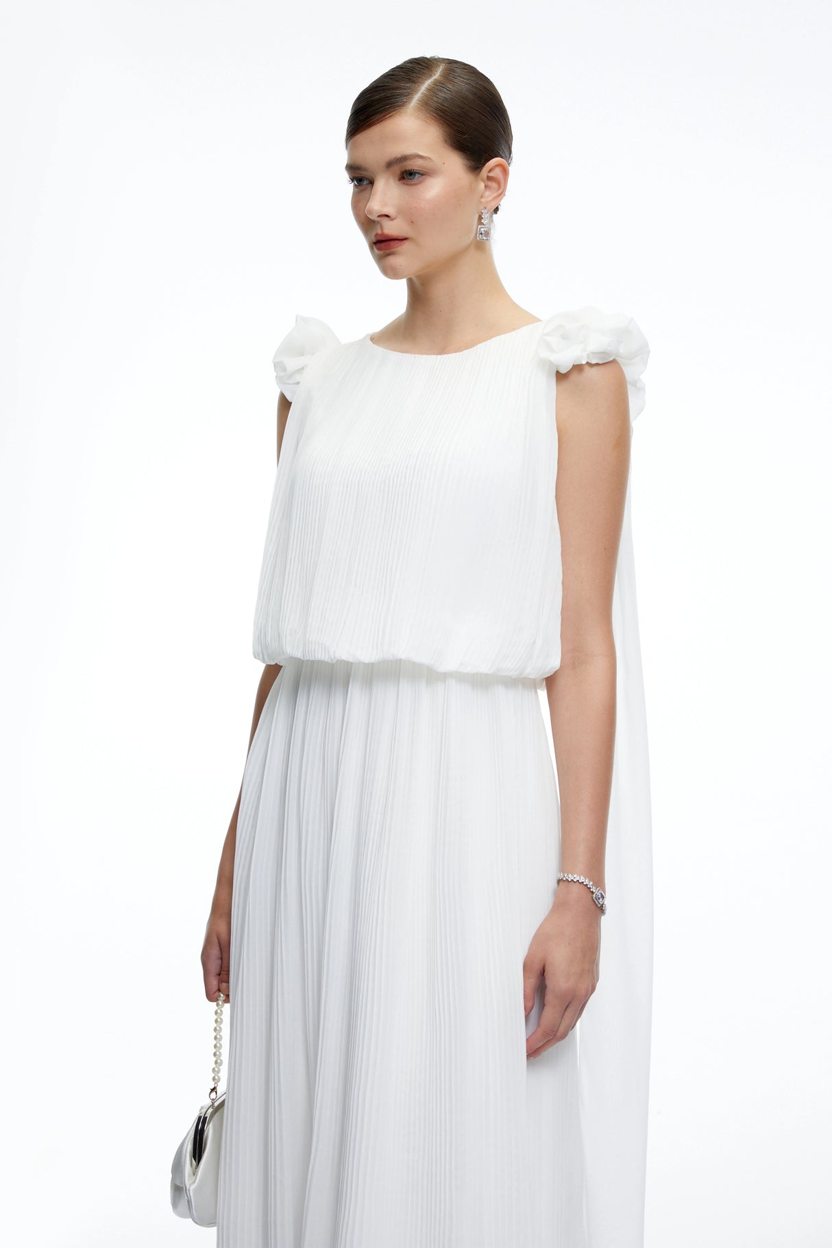 Mirabelle White Pleated Maxi Dress with Bow Straps