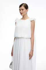 Mirabelle White Pleated Maxi Dress with Bow Straps