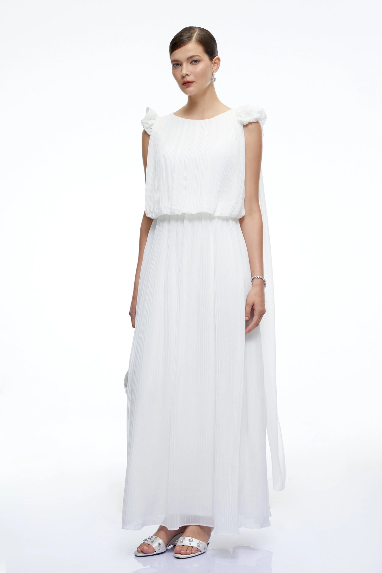 Mirabelle White Pleated Maxi Dress with Bow Straps