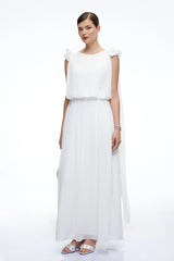 Mirabelle White Pleated Maxi Dress with Bow Straps