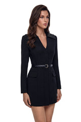 Mireille Black VNeck Long Sleeve Mini Dress