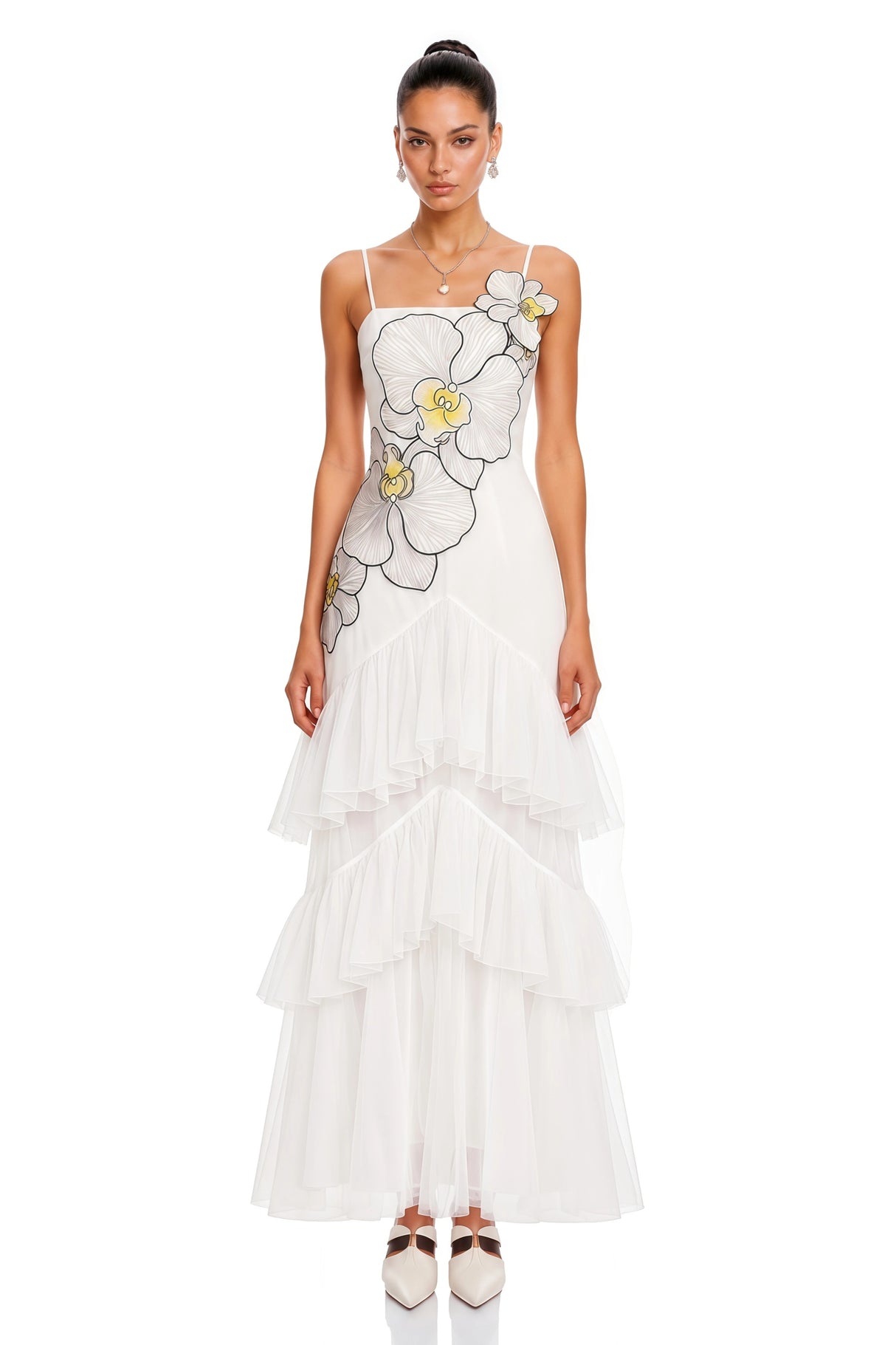 Mireille White Floral Print Ruffled Maxi Dress