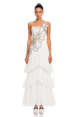Mireille White Floral Print Ruffled Maxi Dress