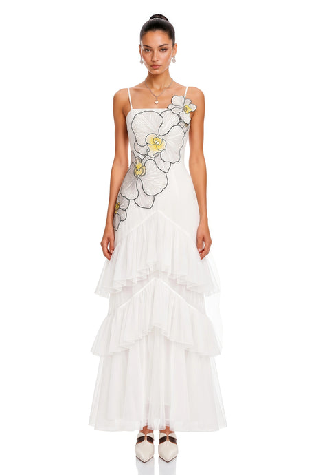 Mireille White Floral Print Ruffled Maxi Dress