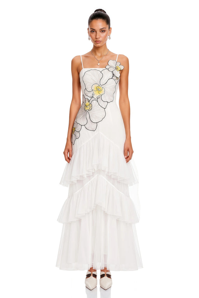 Mireille White Floral Print Ruffled Maxi Dress