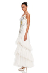 Mireille White Floral Print Ruffled Maxi Dress