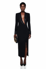 Mirela Black Asymmetrical Plunge Neck Midi Dress