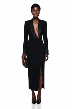 Mirela Black Asymmetrical Plunge Neck Midi Dress