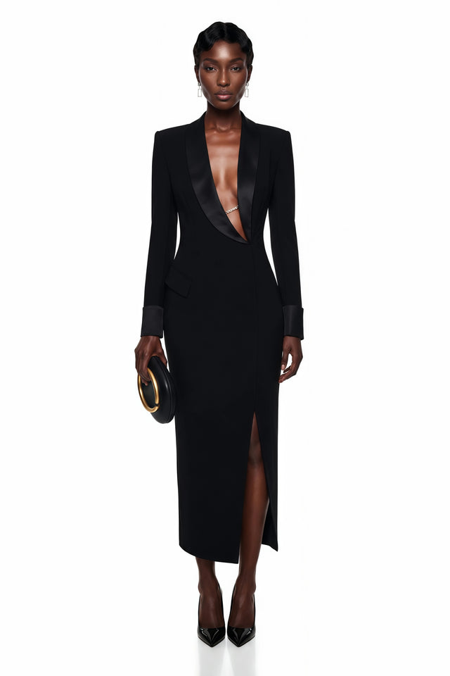 Mirela Black Asymmetrical Plunge Neck Midi Dress