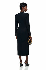 Mirela Black Asymmetrical Plunge Neck Midi Dress