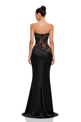 Mirela Black Lace Panel Satin Maxi Dress