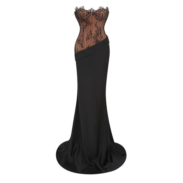 Mirela Black Lace Panel Satin Maxi Dress