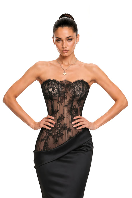 Mirela Black Lace Panel Satin Maxi Dress
