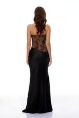 Mirela Black Lace Panel Satin Maxi Dress