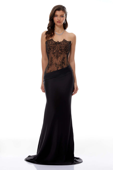 Mirela Black Lace Panel Satin Maxi Dress