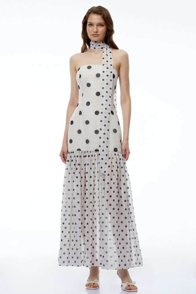 Mirela White Polka Dot Ruched Maxi Dress