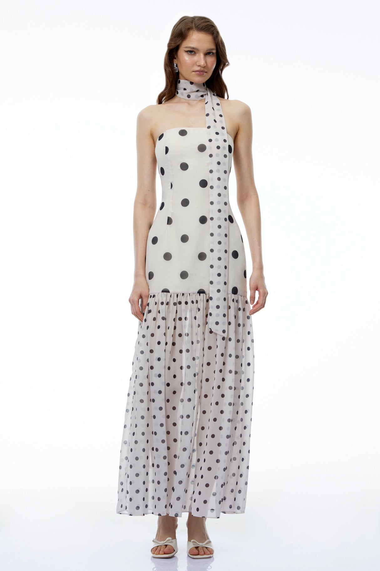 Mirela White Polka Dot Ruched Maxi Dress