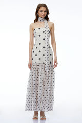 Mirela White Polka Dot Ruched Maxi Dress