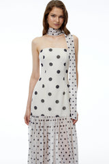 Mirela White Polka Dot Ruched Maxi Dress