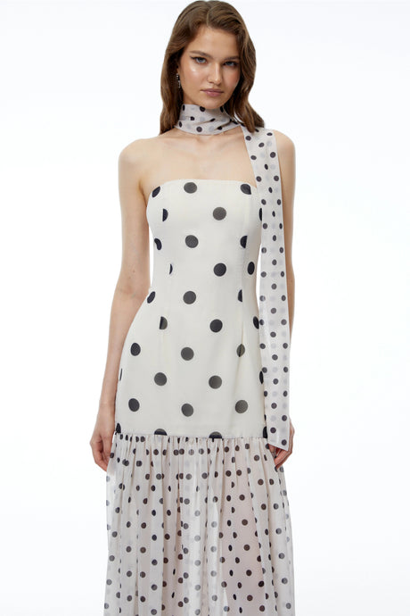 Mirela White Polka Dot Ruched Maxi Dress