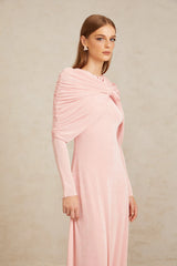 Moderne Pink Shawl Panel Ruched Maxi Dress