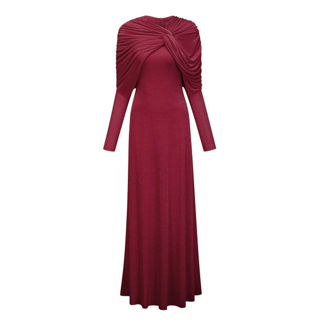 Moderne Red CapeDesign Ruched Maxi Dress