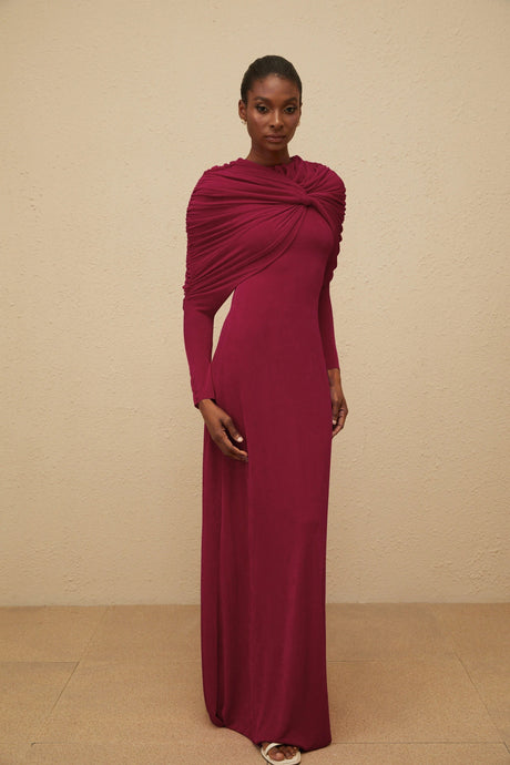 Moderne Red CapeDesign Ruched Maxi Dress