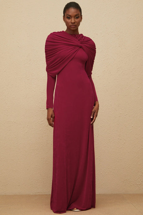 Moderne Red CapeDesign Ruched Maxi Dress