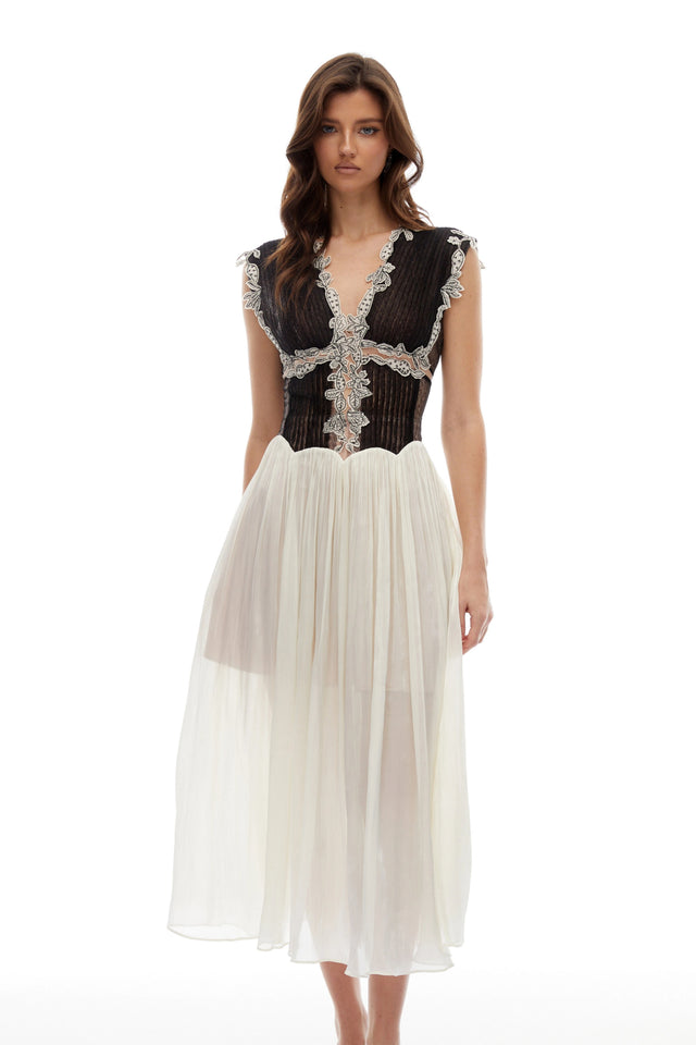 Modesty Color Block Floral Appliqué Midi Dress