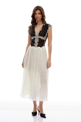 Modesty Color Block Floral Appliqué Midi Dress