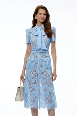 Moeraki Blue 3D Floral Lace Midi Dress with Bow
