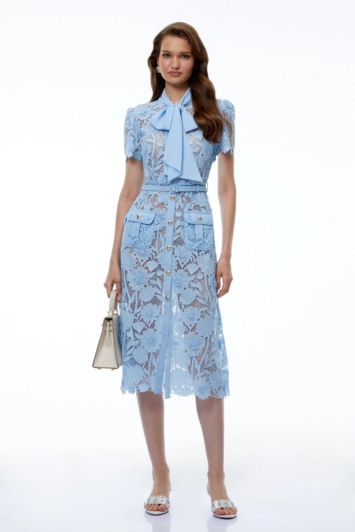 Moeraki Blue 3D Floral Lace Midi Dress with Bow