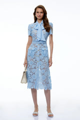 Moeraki Blue 3D Floral Lace Midi Dress with Bow