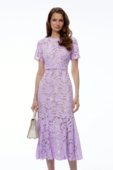 Momoe Purple Lace Floral Fitted Midi Dress